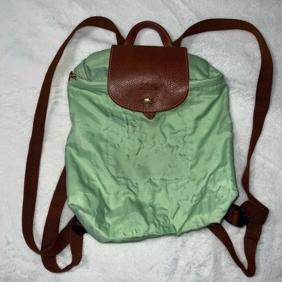 Longchamp Le Pliage Original Foldable Backpack Pretty Green with Brown Leather - Picture 14 of 16